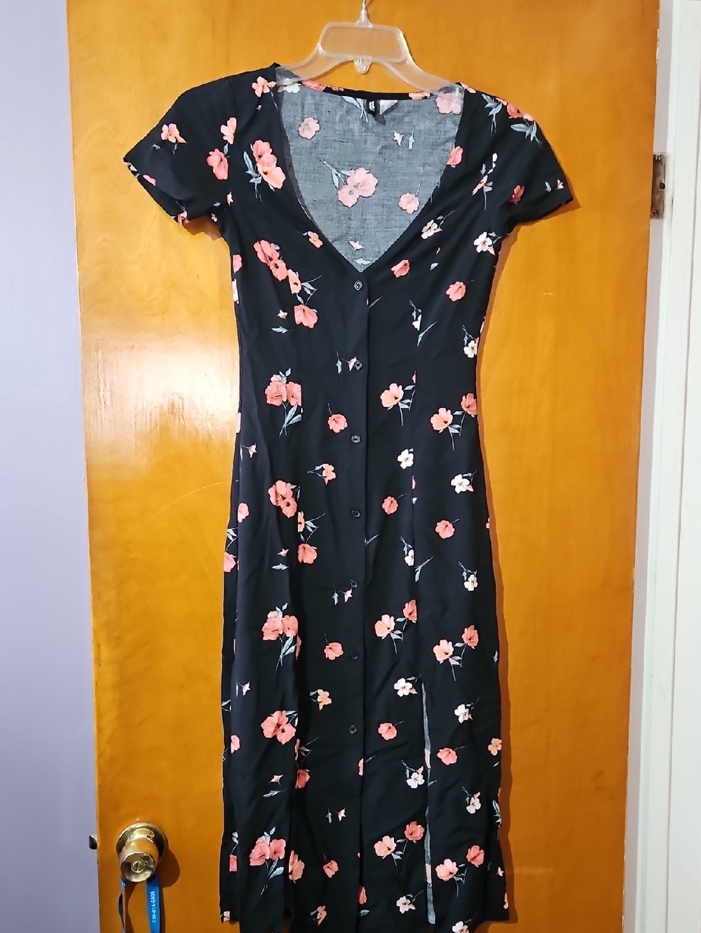 H&M Black Midi Dress with Pink Floral Print